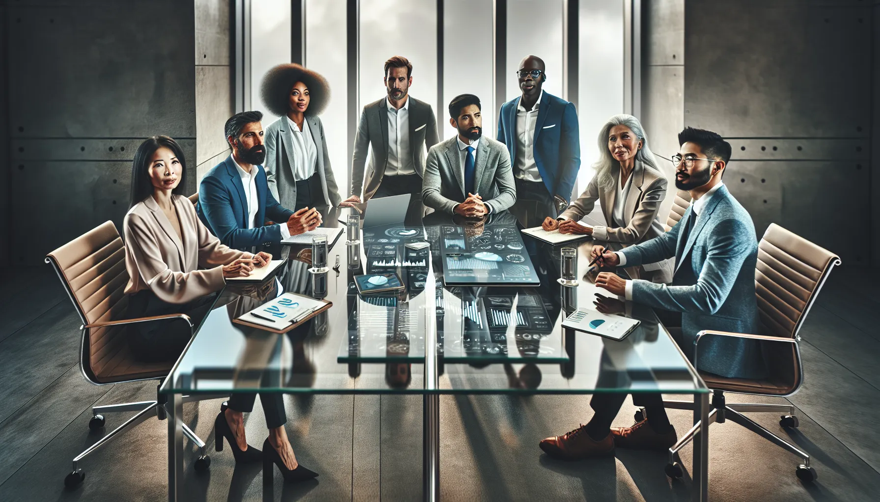 business professionals discussing future trends in a modern office.