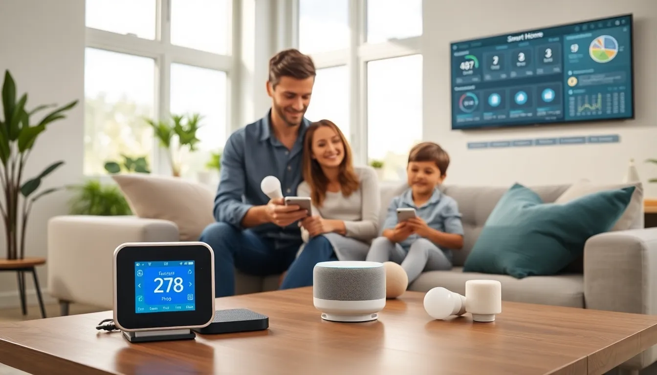 family using smart home technology in a modern living room.