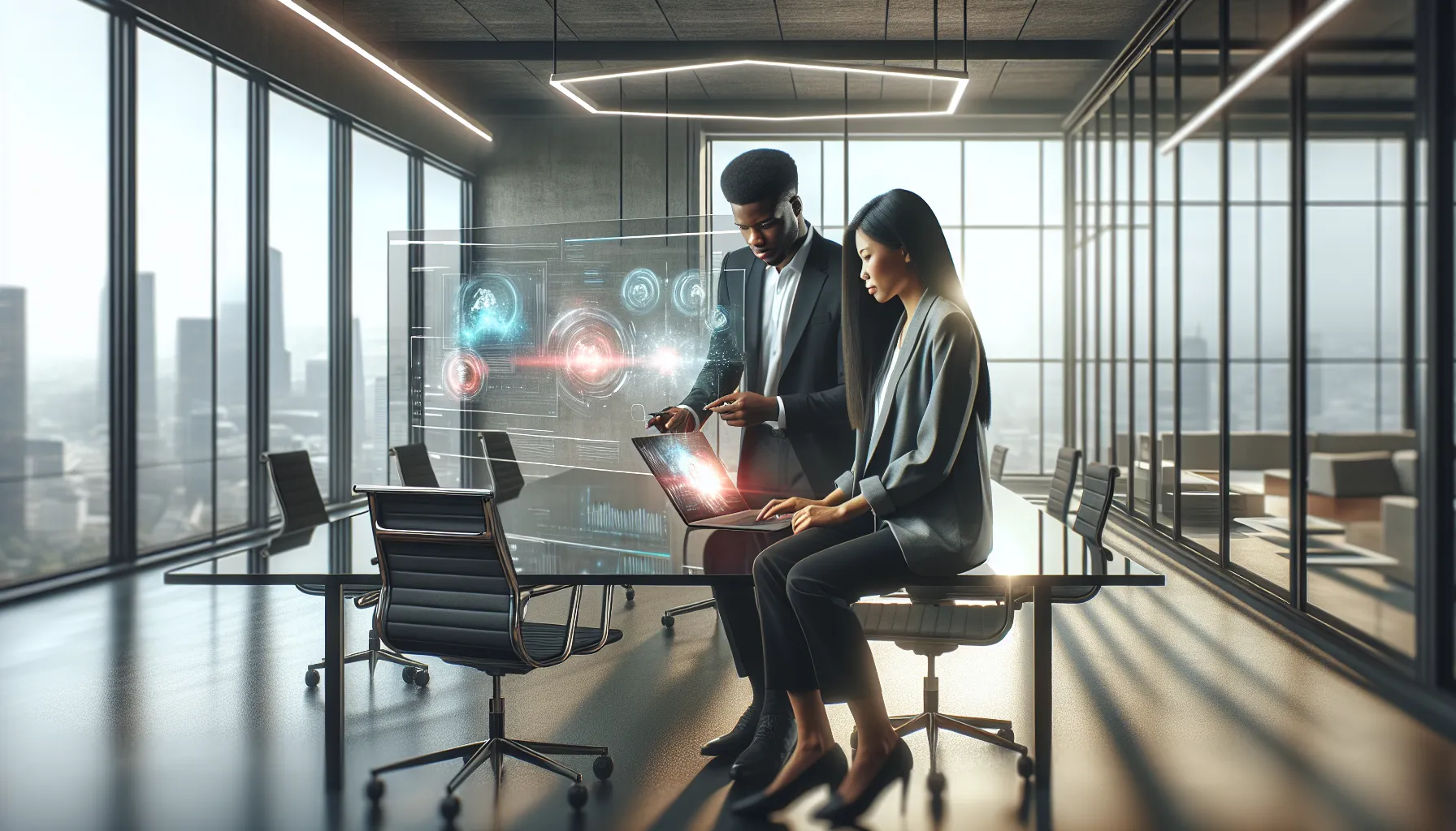 professionals collaborating with HCS 411GITS software in a modern office.