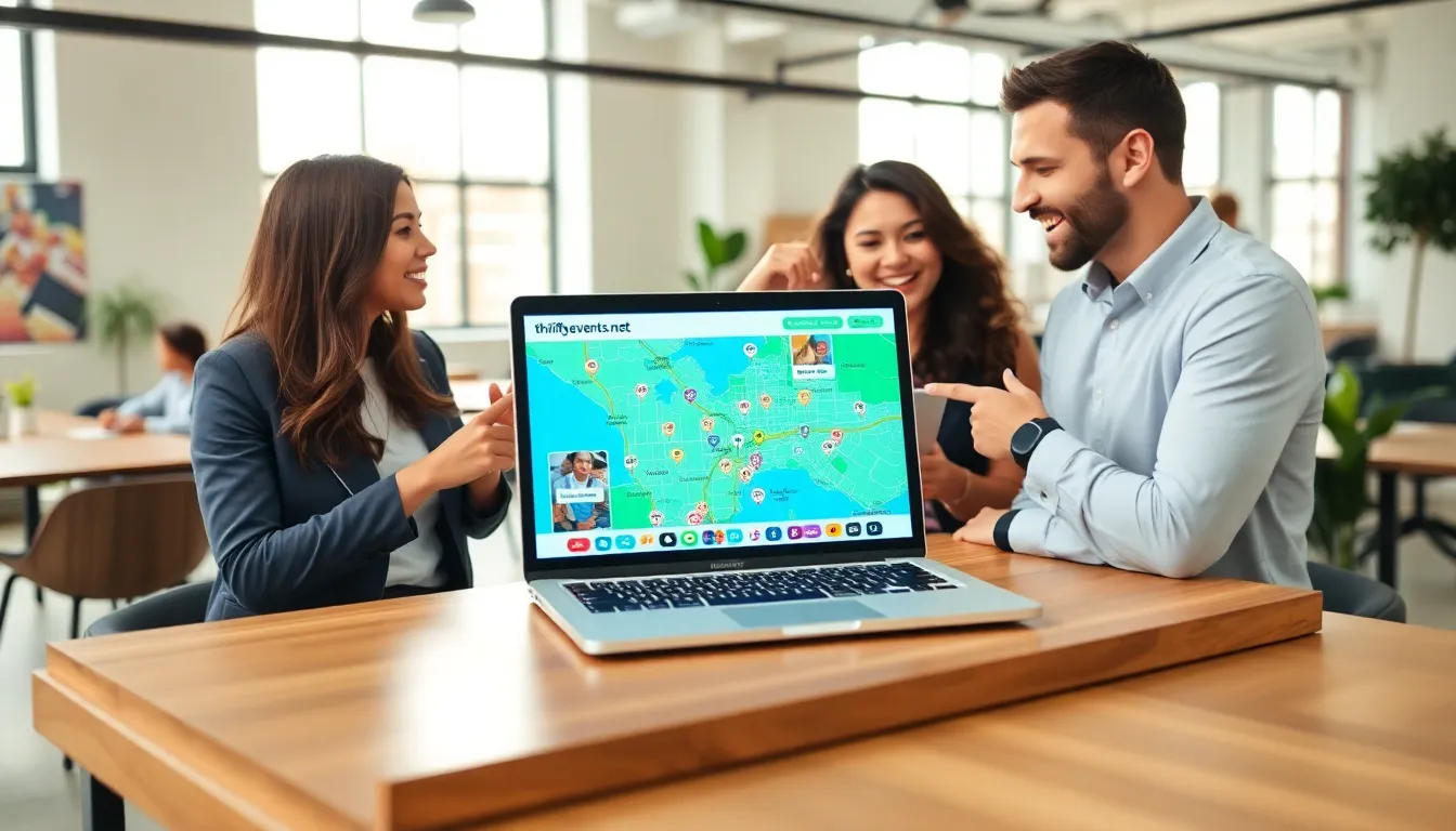 diverse group discussing events on a laptop in a modern workspace.