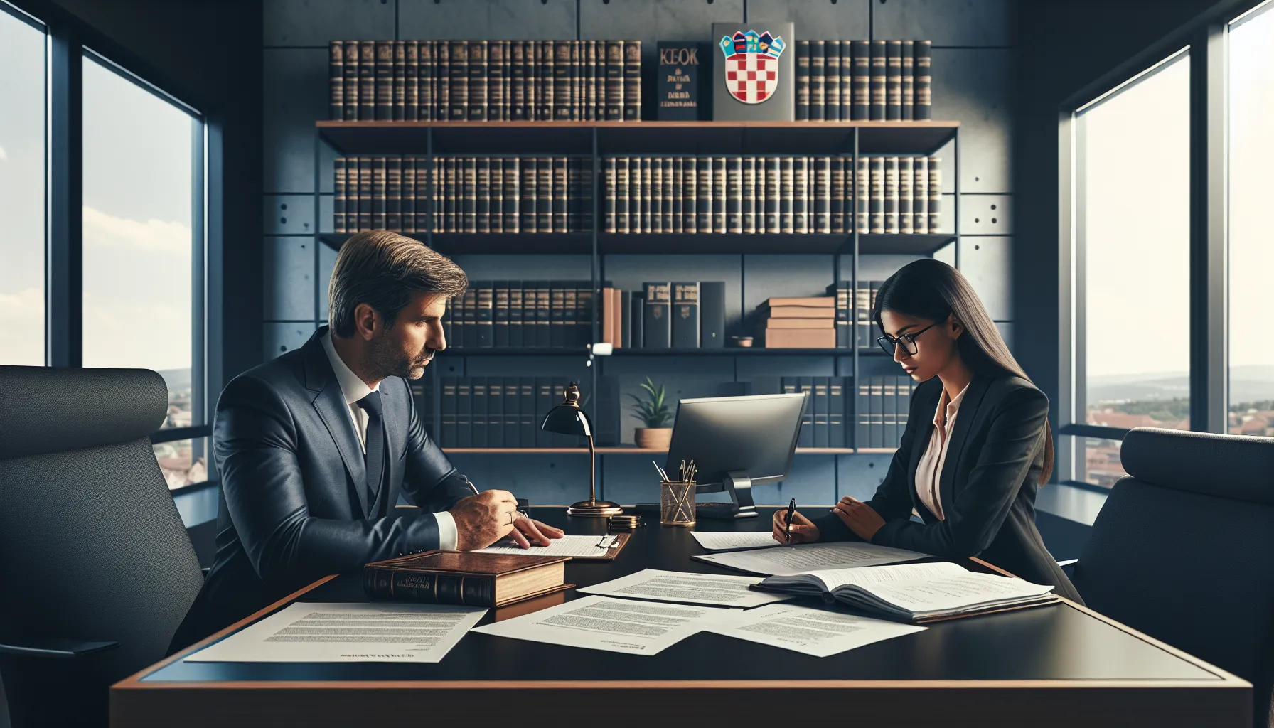 Croatian lawyer and client reviewing marital property documents in modern law office
