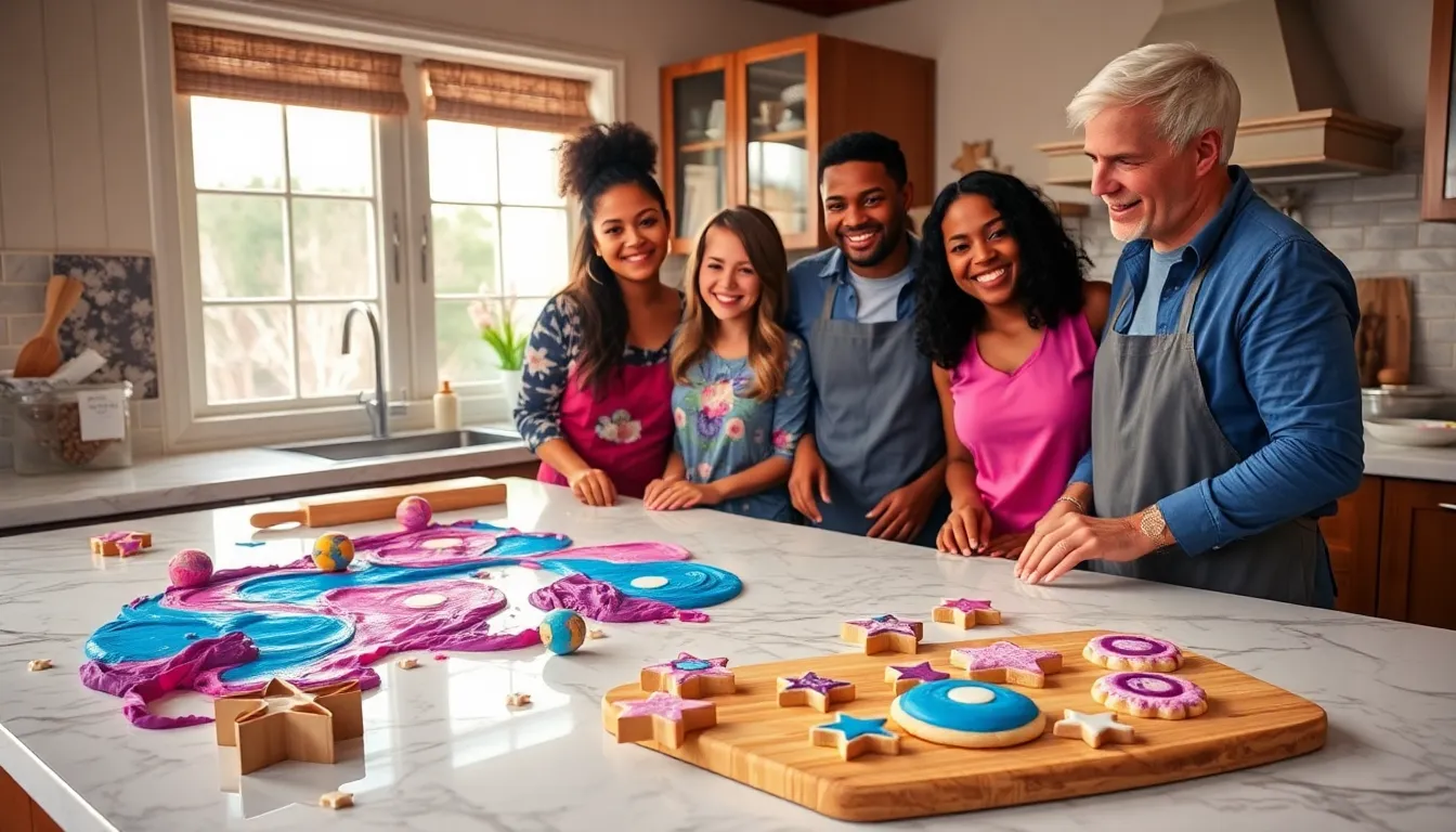 group of bakers creating colorful nebula-inspired cookies in a cozy kitchen.