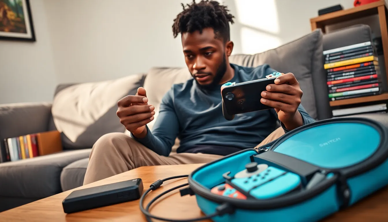 A gamer playing Nintendo Switch with essential gadgets around him.