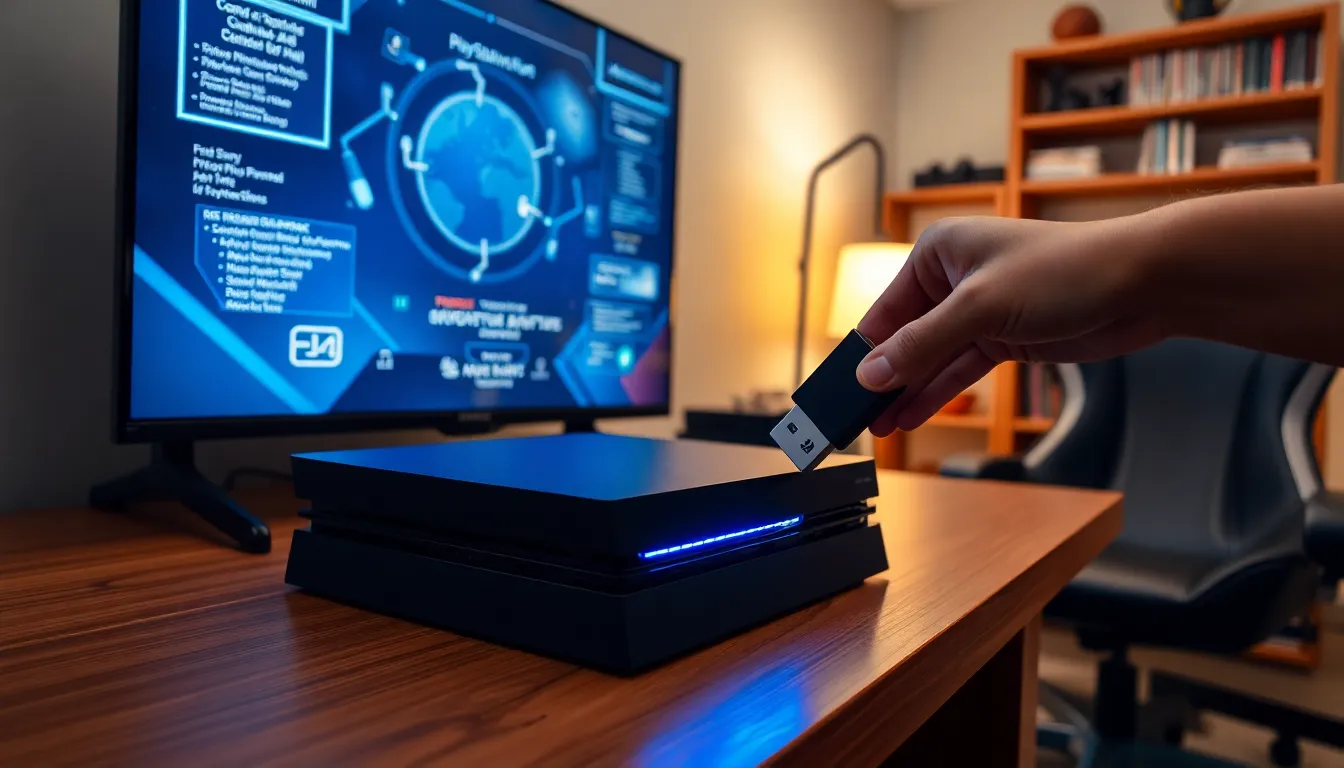 A gamer updating PS4 using a USB drive in a cozy room.