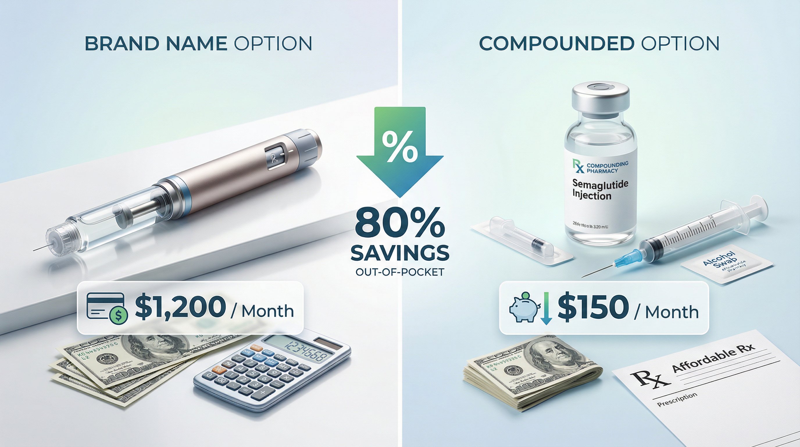 Cost comparison of brand-name and compounded semaglutide medication options.