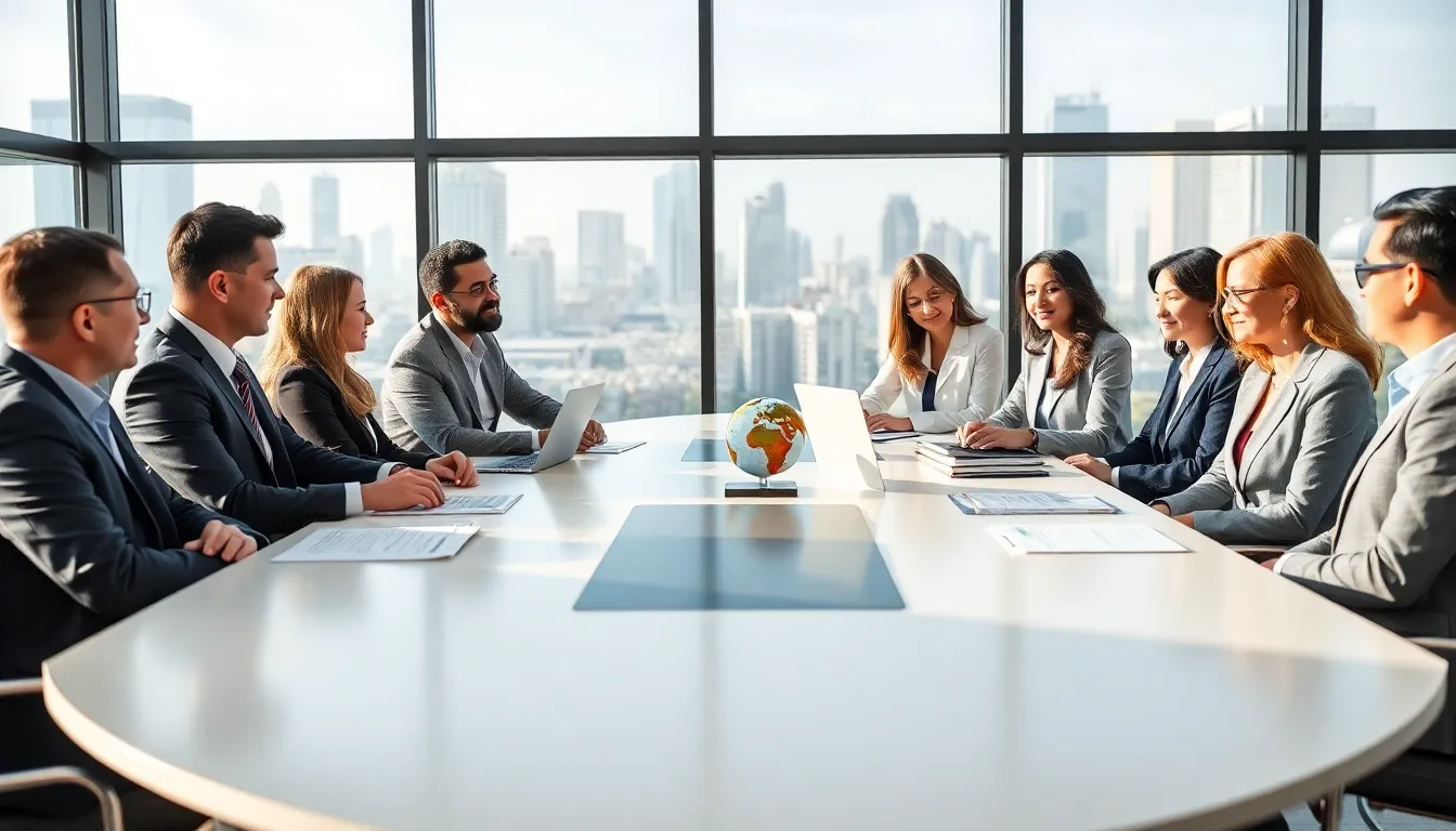 diverse professionals collaborating on global affairs in a modern conference room.
