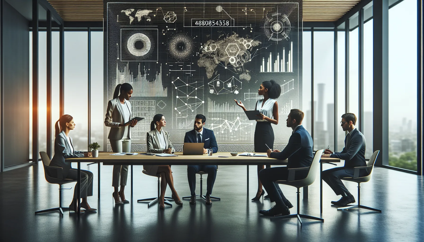 diverse professionals discussing data science in a modern office.