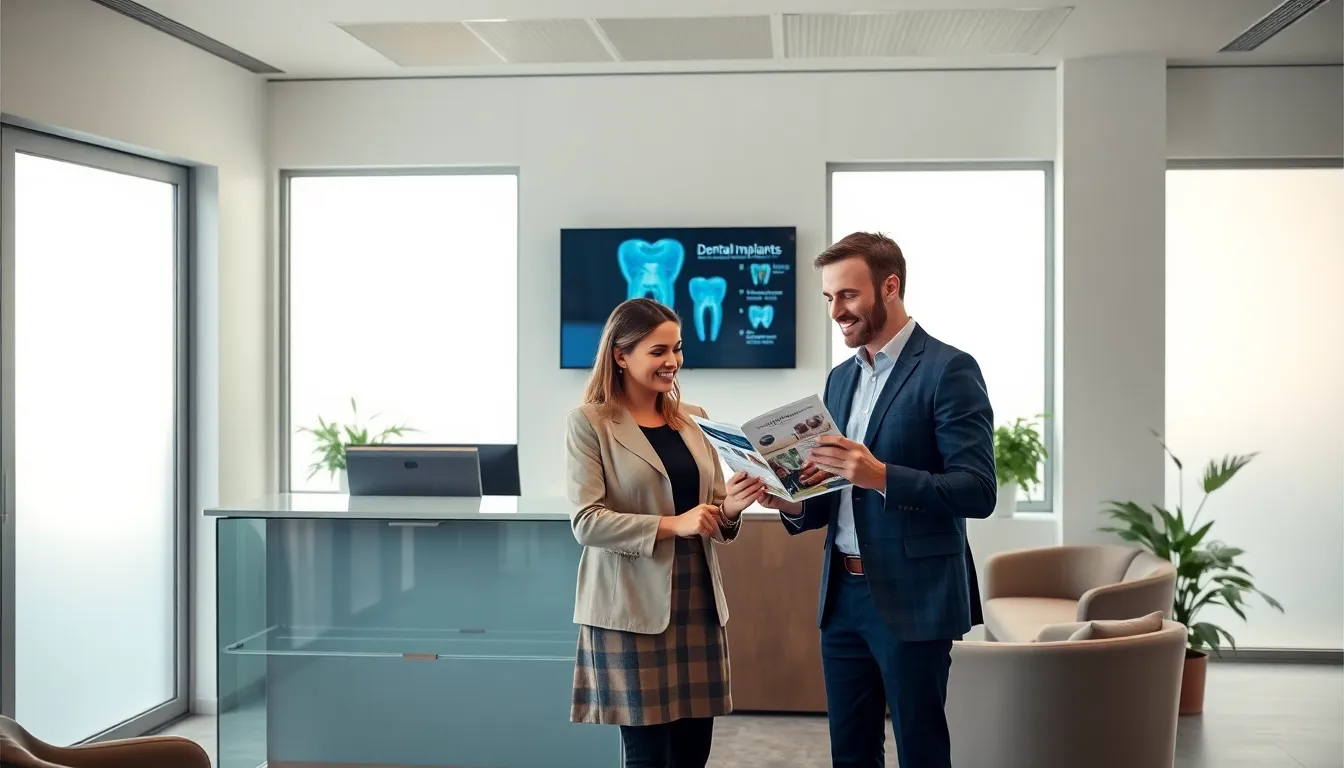 Welcoming dental clinic reception with diverse patients and modern décor.
