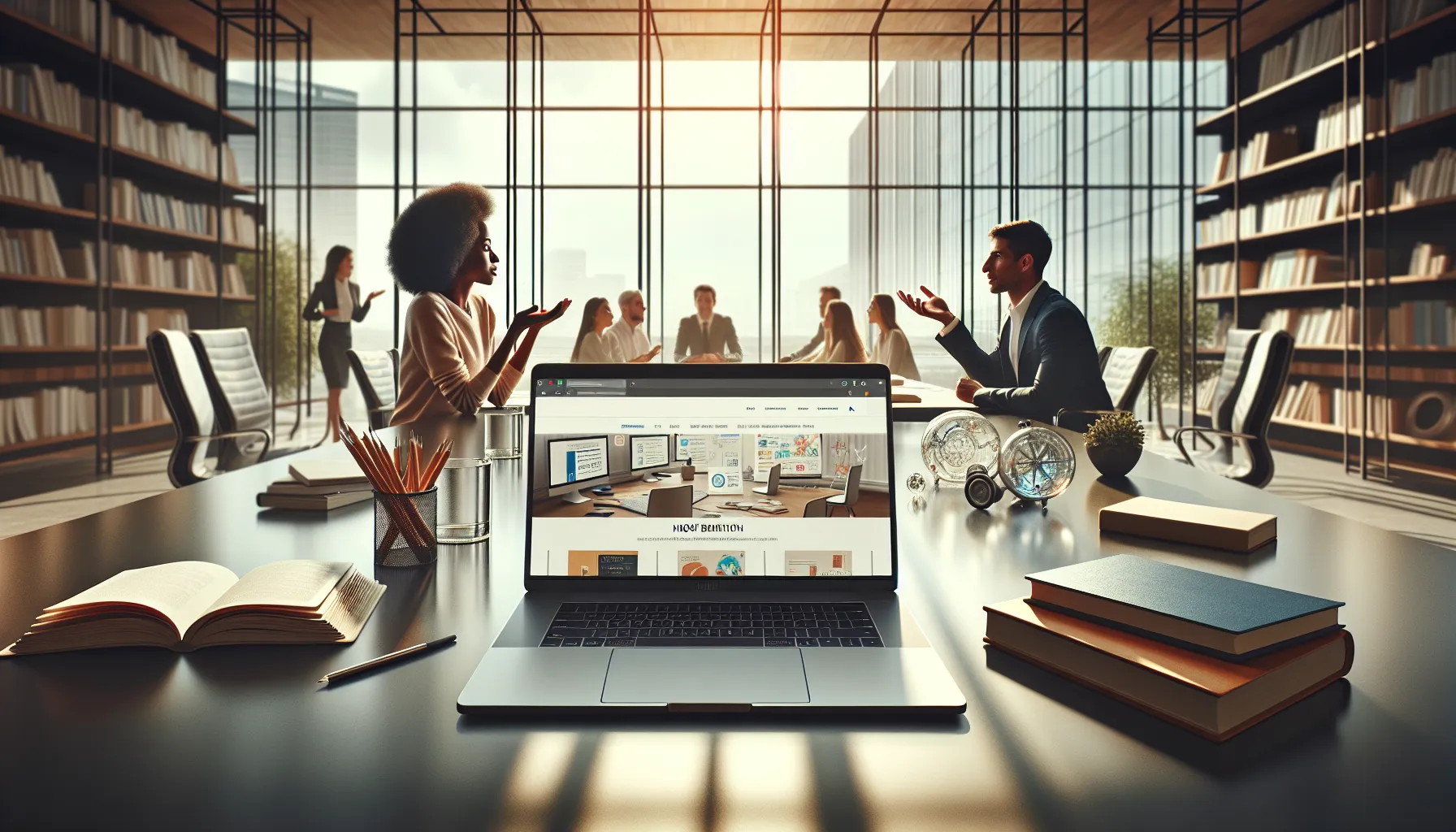 professionals collaborating over a laptop displaying Anwire.org.