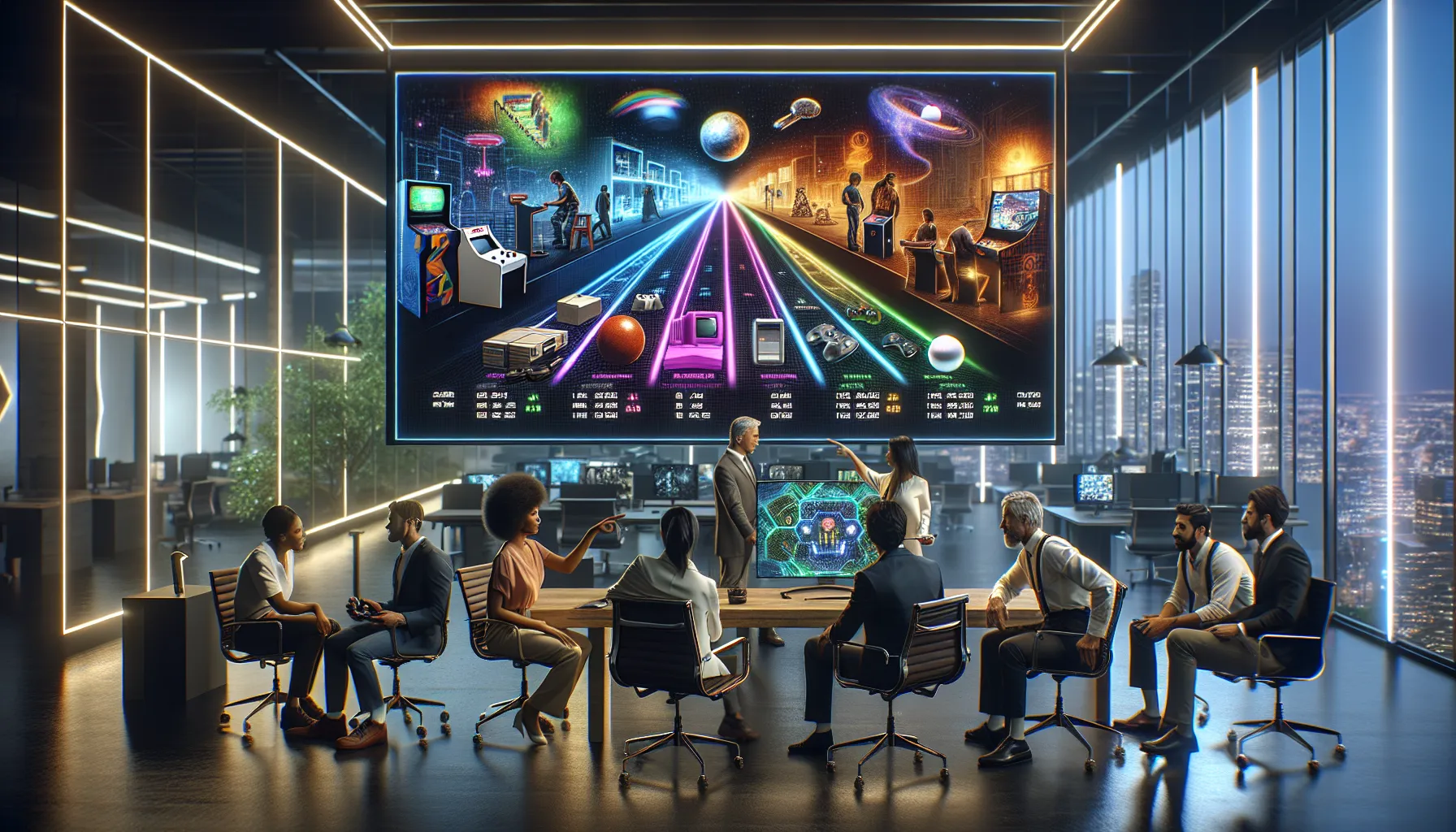 professionals discussing the milestones of gaming evolution in a modern workspace.