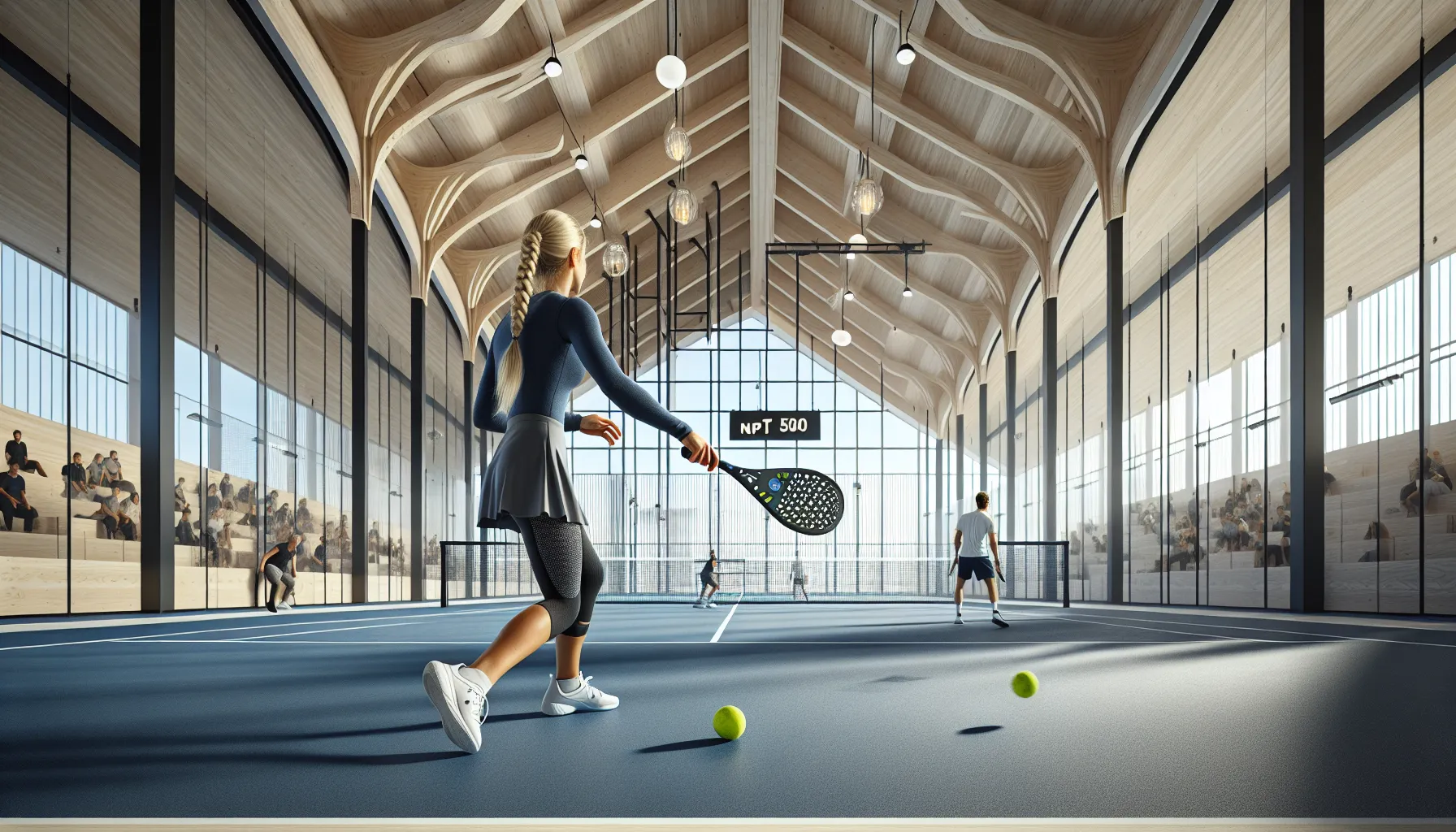 Mixed doubles padel match in norwegian indoor hall with juniors and veterans.
