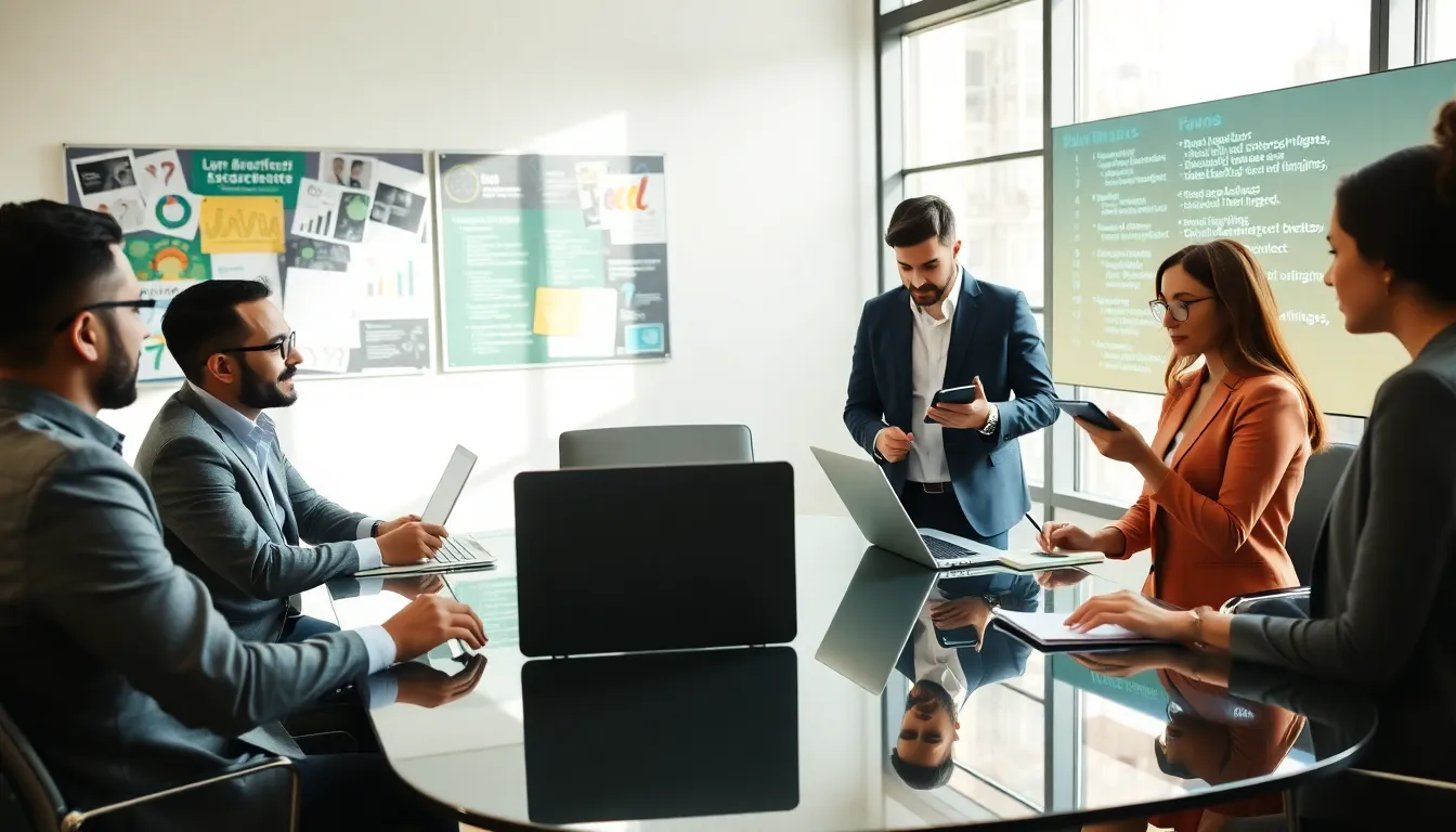 diverse professionals collaborating in a modern office on web development.