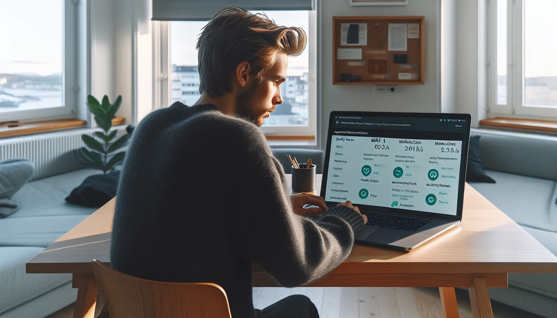 Norwegian developer reviewing wordpress security dashboard with 2fa code on phone.