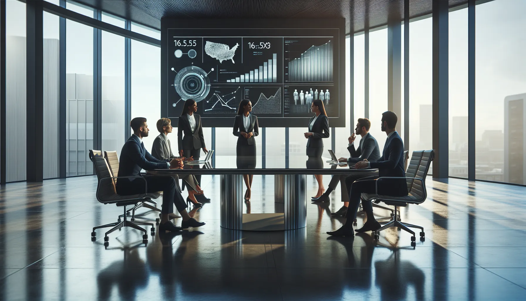 team discussing dimensions in a modern conference room.