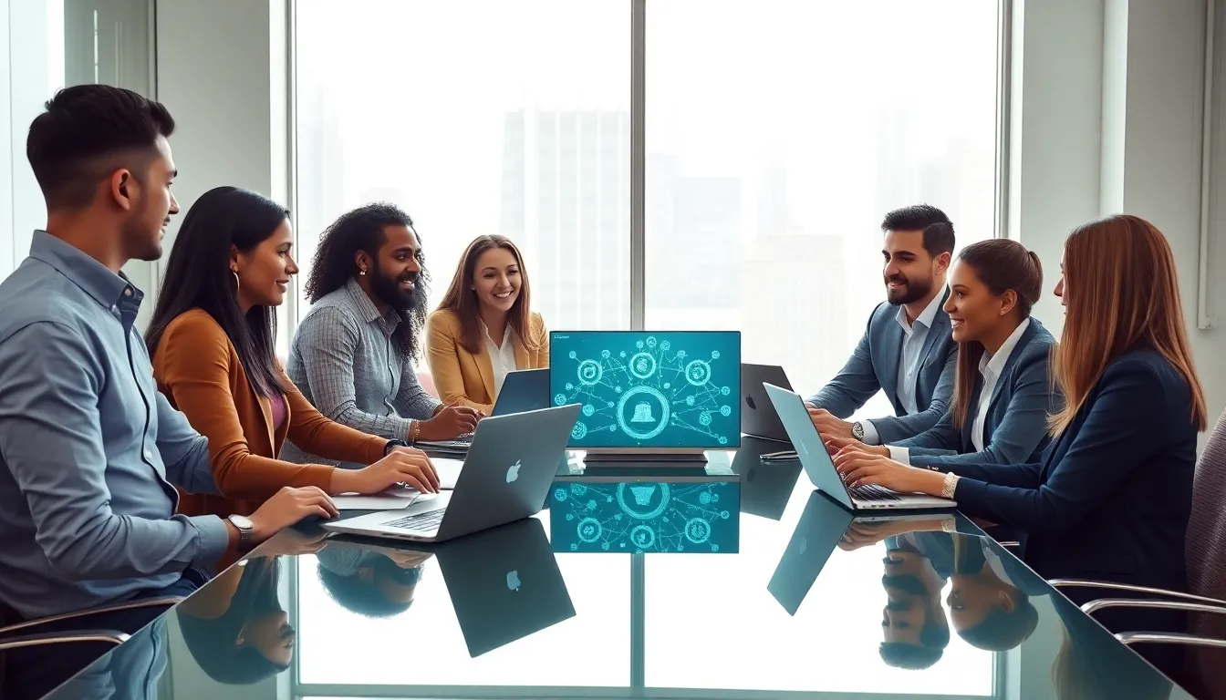 diverse team discussing blockchain technology in a modern office.