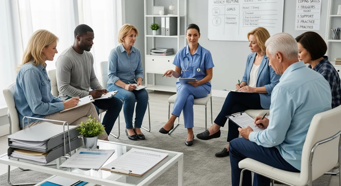 Diverse adults in a modern outpatient rehab group session with a professional counselor.