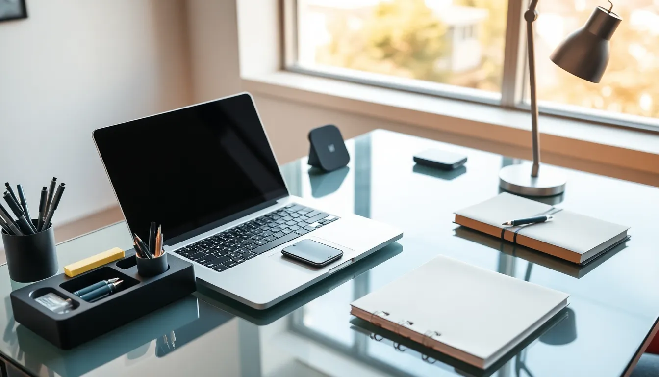 modern workspace with organized tech desk accessories.