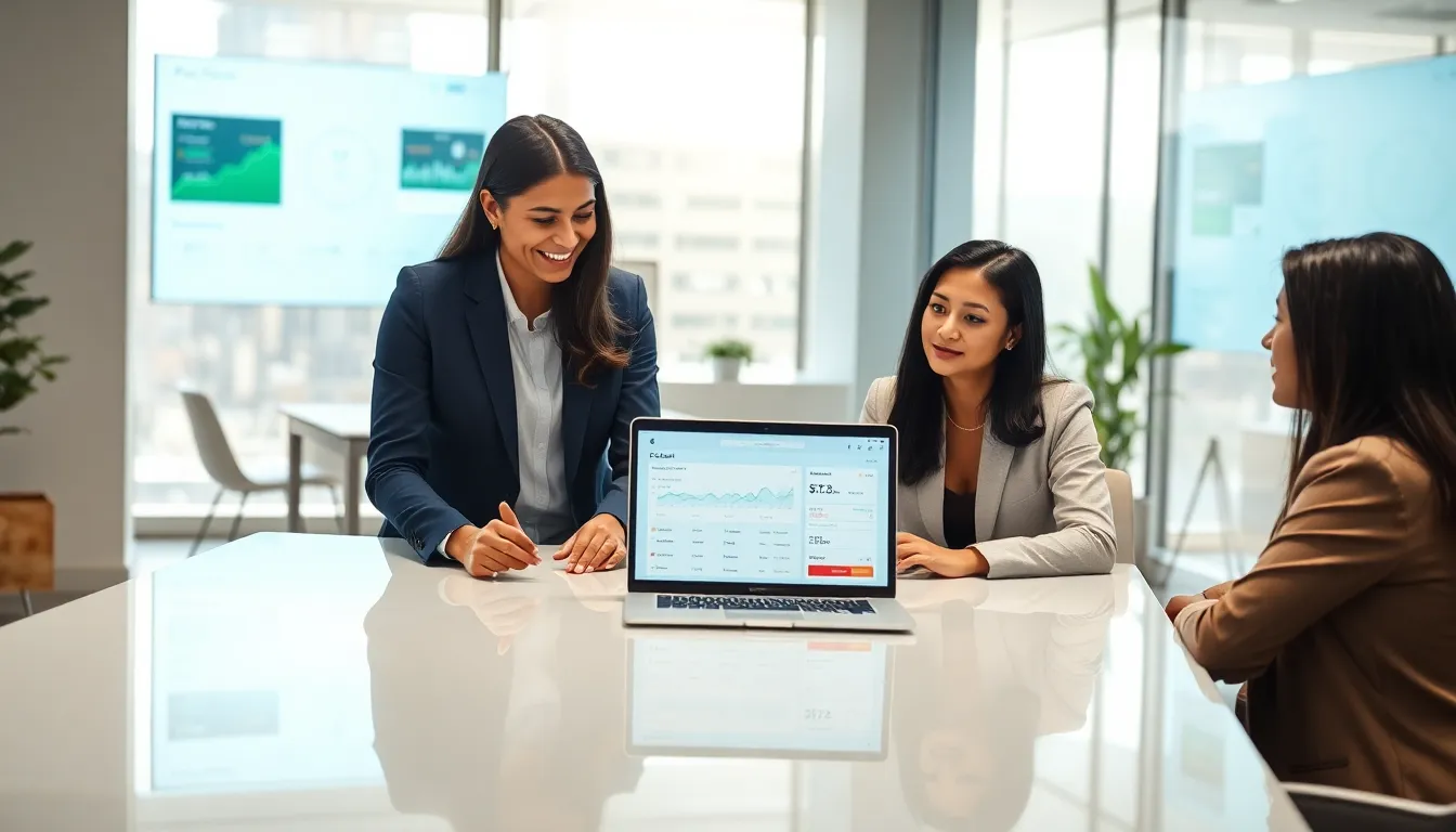 diverse team collaborating on a digital financial platform in a modern office.