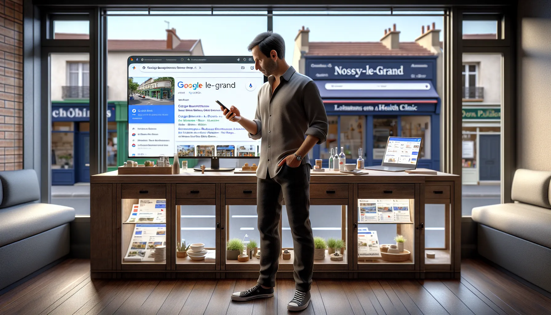 Local business owner in Noisy-le-Grand checking Google search visibility on phone.