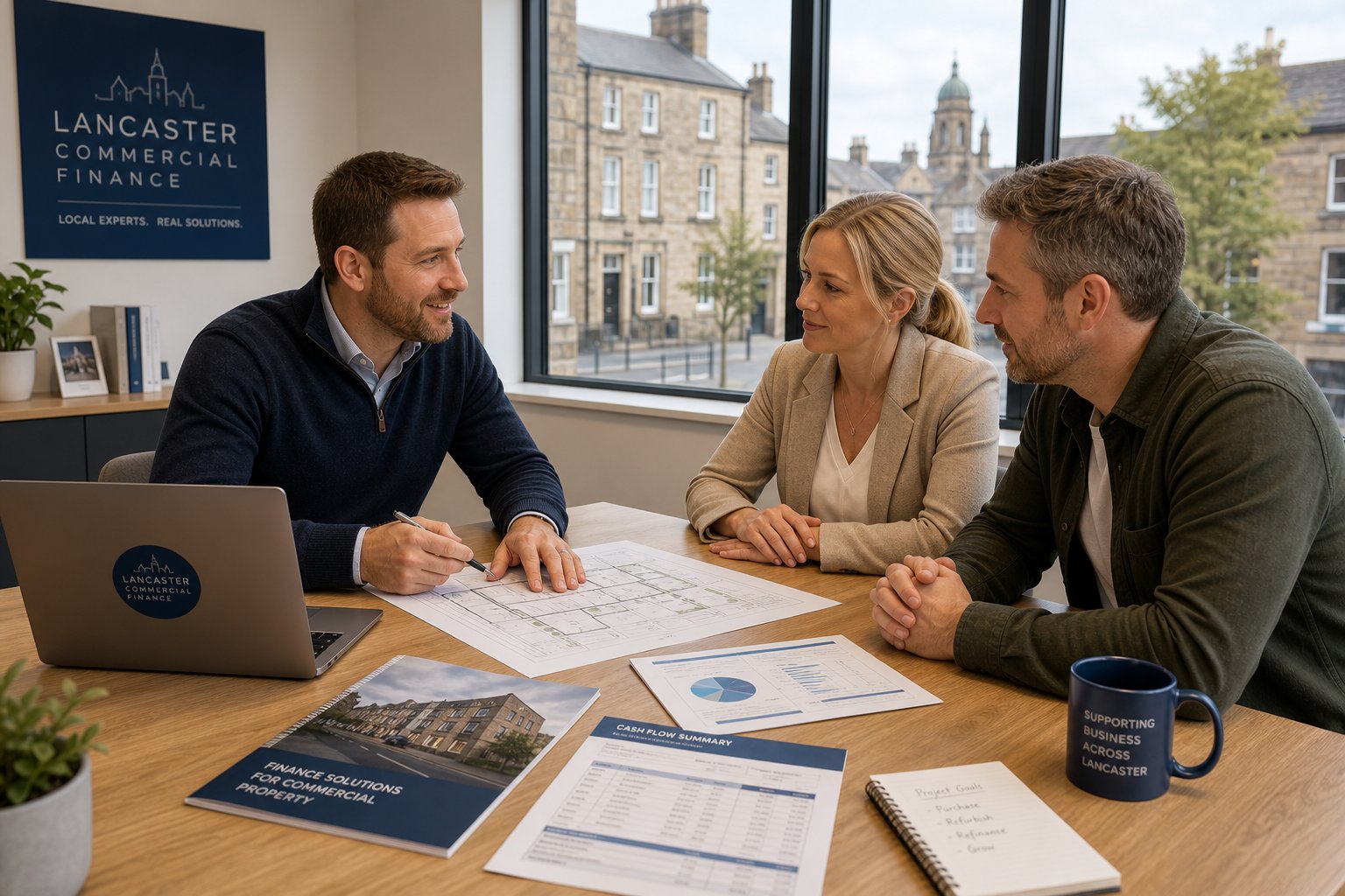 Commercial mortgage advisor meeting with business owners in a bright Lancaster office, reviewing property and finance documents in a professional, friendly setting.