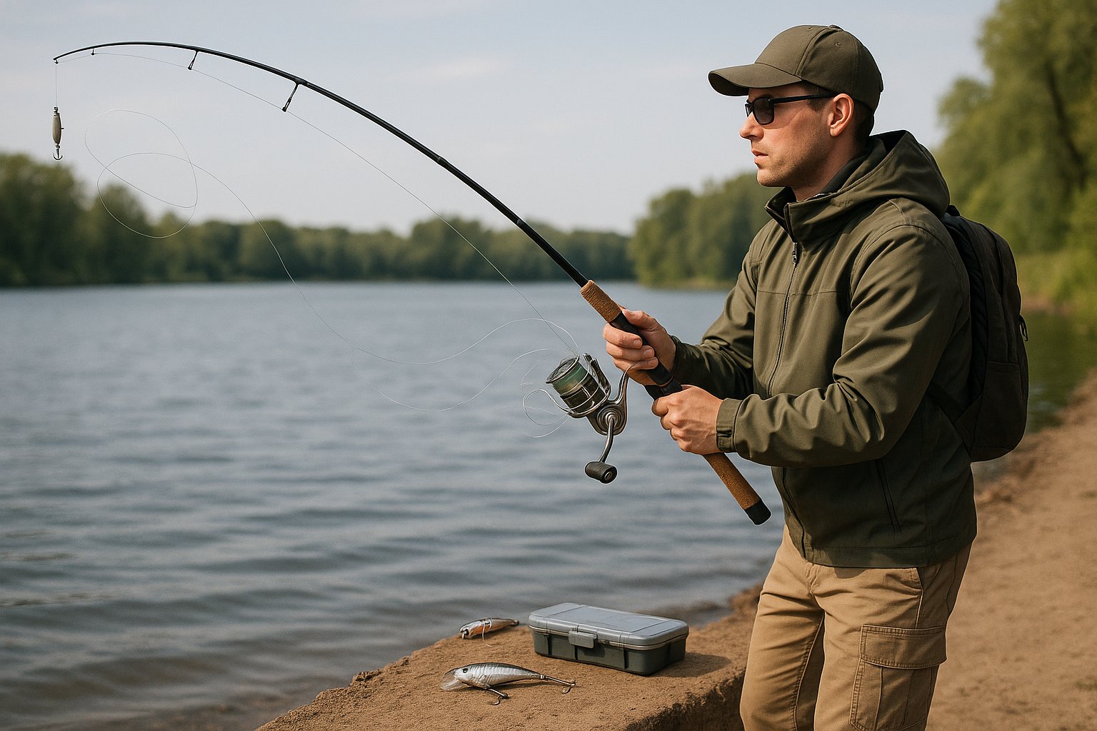 Angler troubleshooting short casting distance by the water.