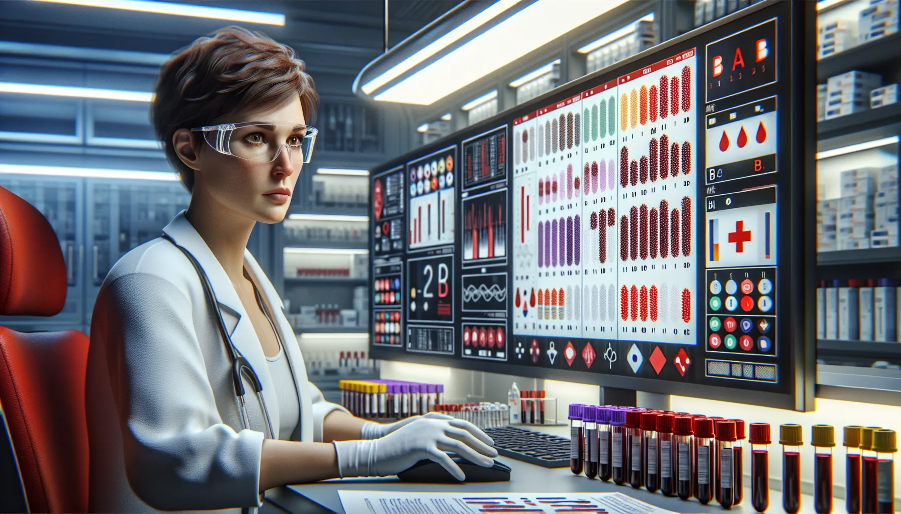 a technician examining blood test results in a modern laboratory.