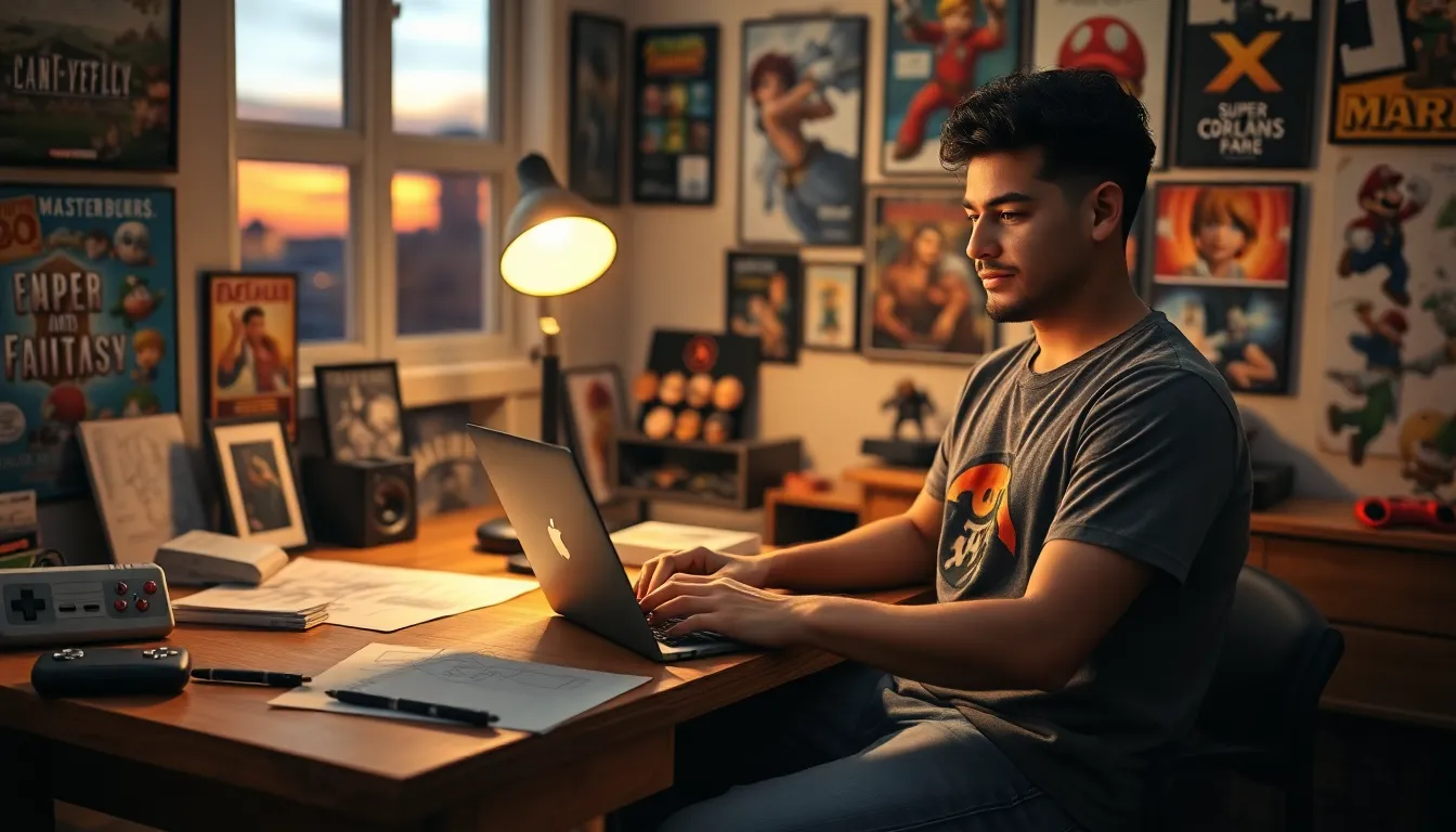 A young man writing at his desk surrounded by gaming memorabilia.