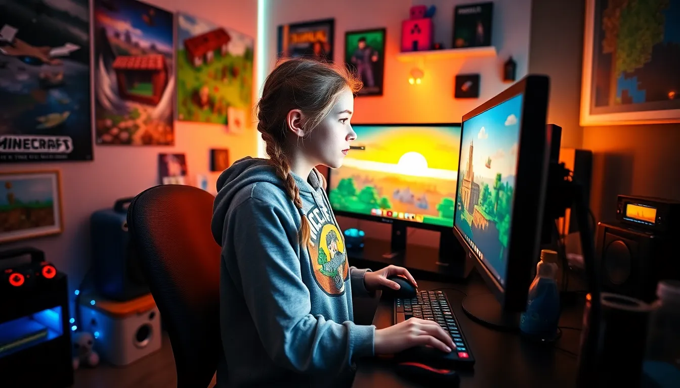 A teenage girl playing Minecraft in a colorful gaming room.