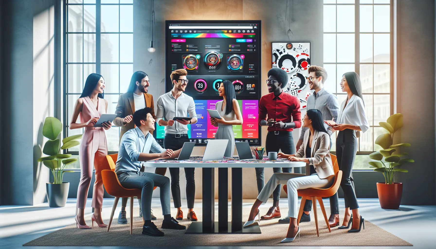 diverse team discussing gaming features in a modern office.