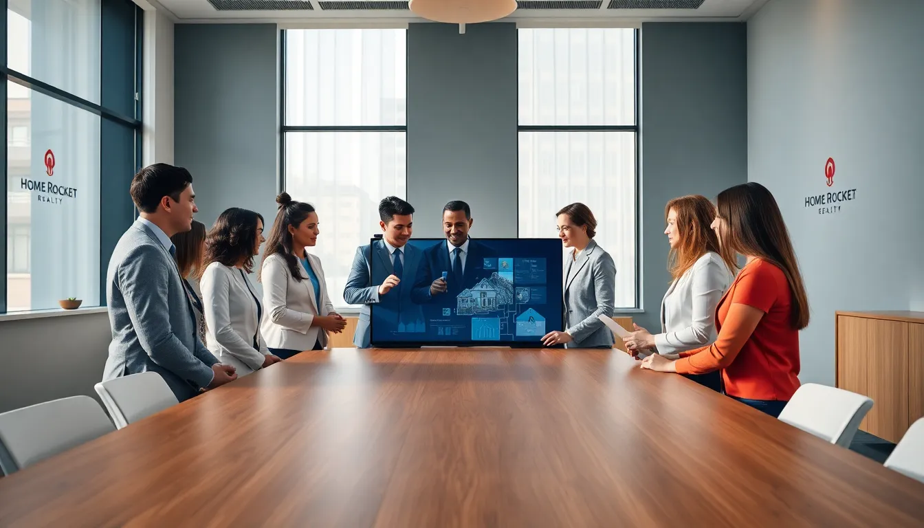 diverse real estate team collaborating in a modern office setting.