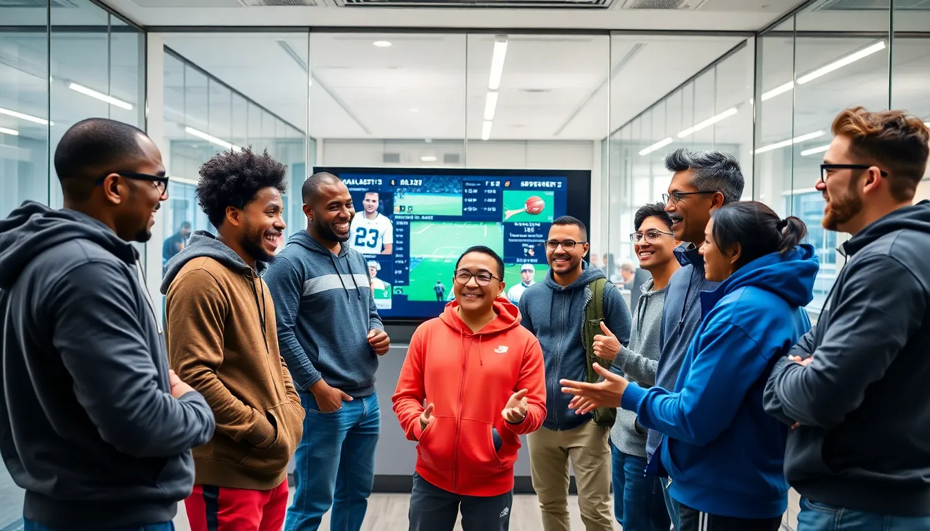 diverse sports fans engaging in discussion in a modern office.
