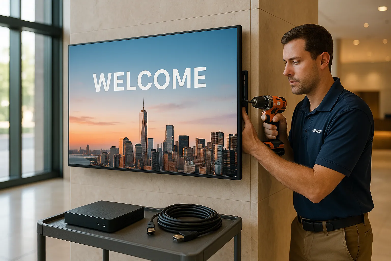 Technician installing a commercial LED display in a modern hotel lobby.