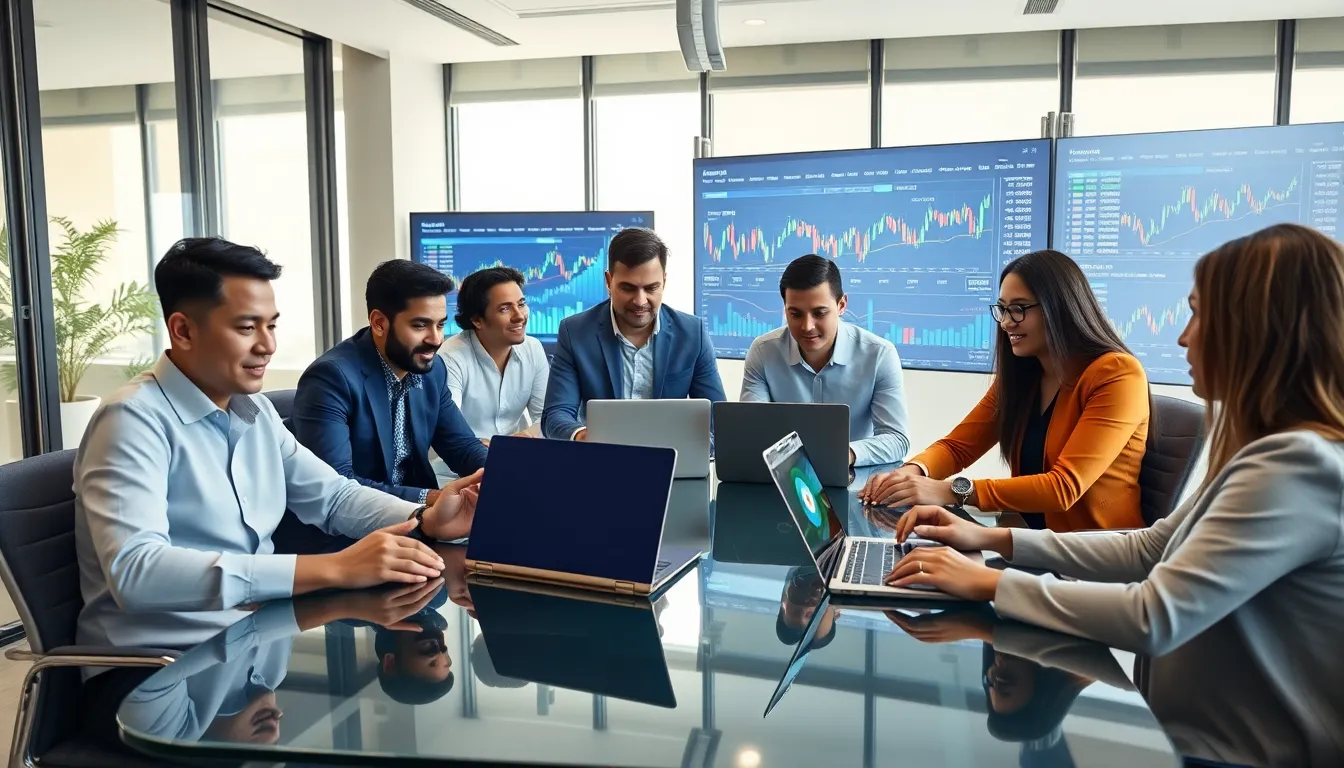 diverse investors discussing cryptocurrency trends in a modern office.