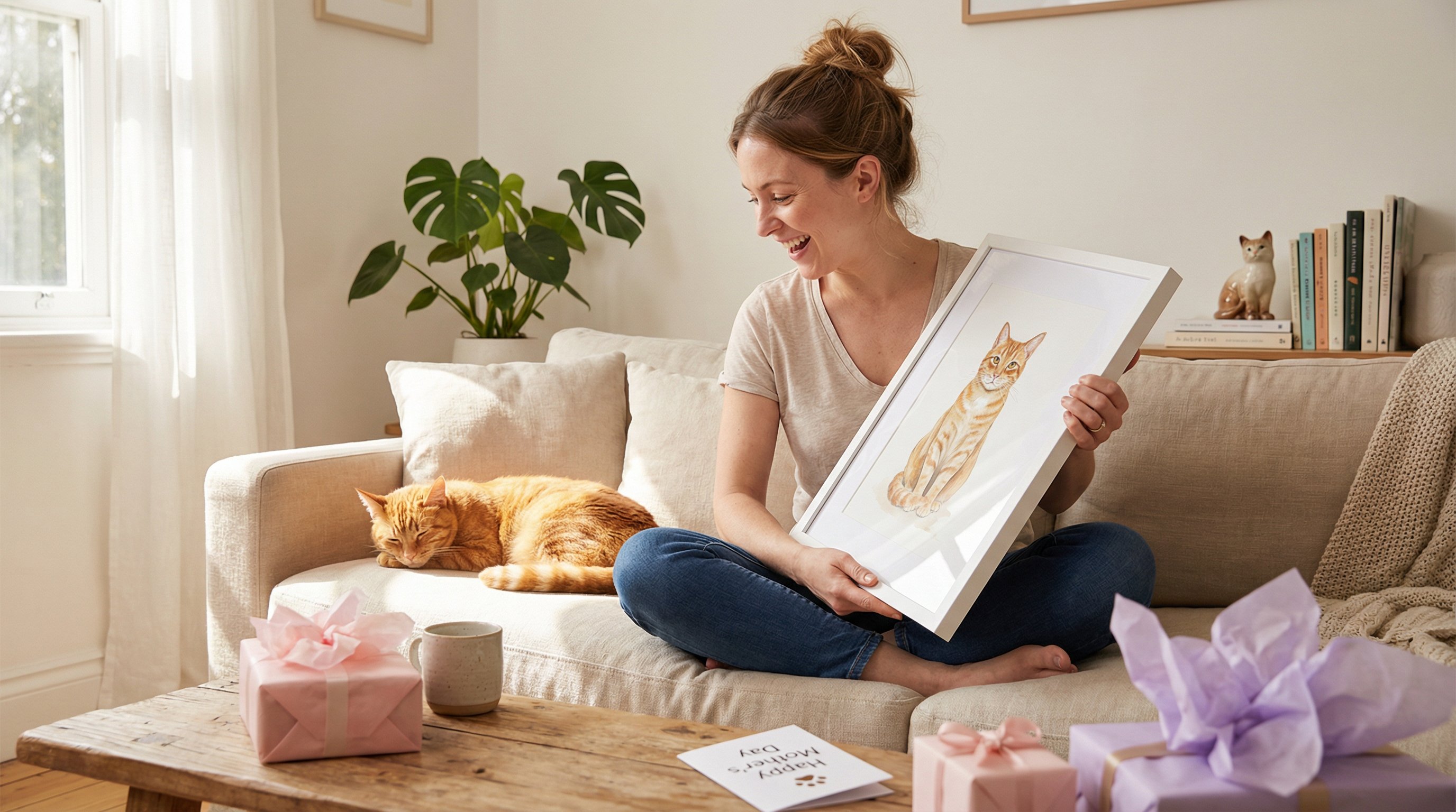 Woman on a sofa unwrapping a framed custom cat portrait on Mother's Day.