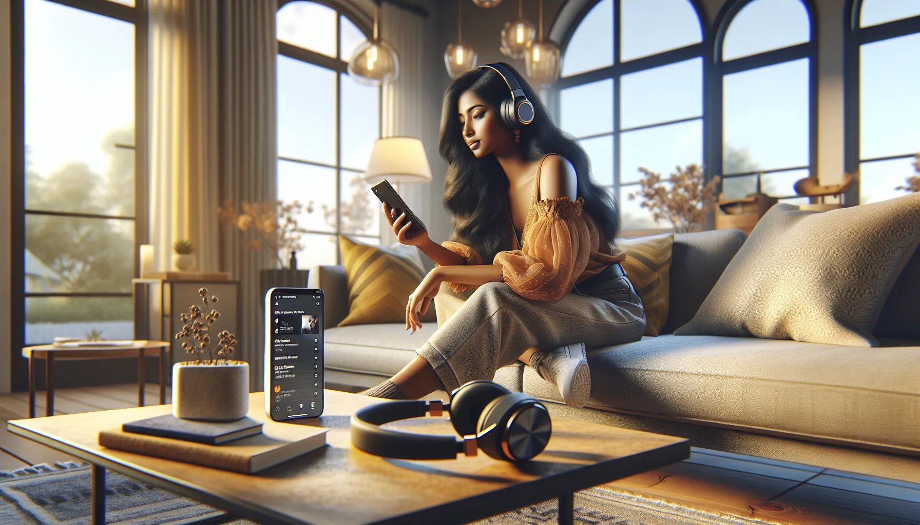A person comparing Apple Music and Spotify on a smartphone in a cozy living room.