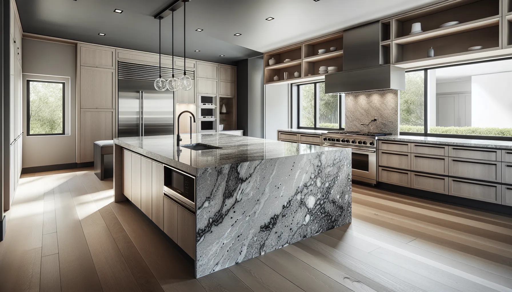 A kitchen highlighting quartz and granite countertops.