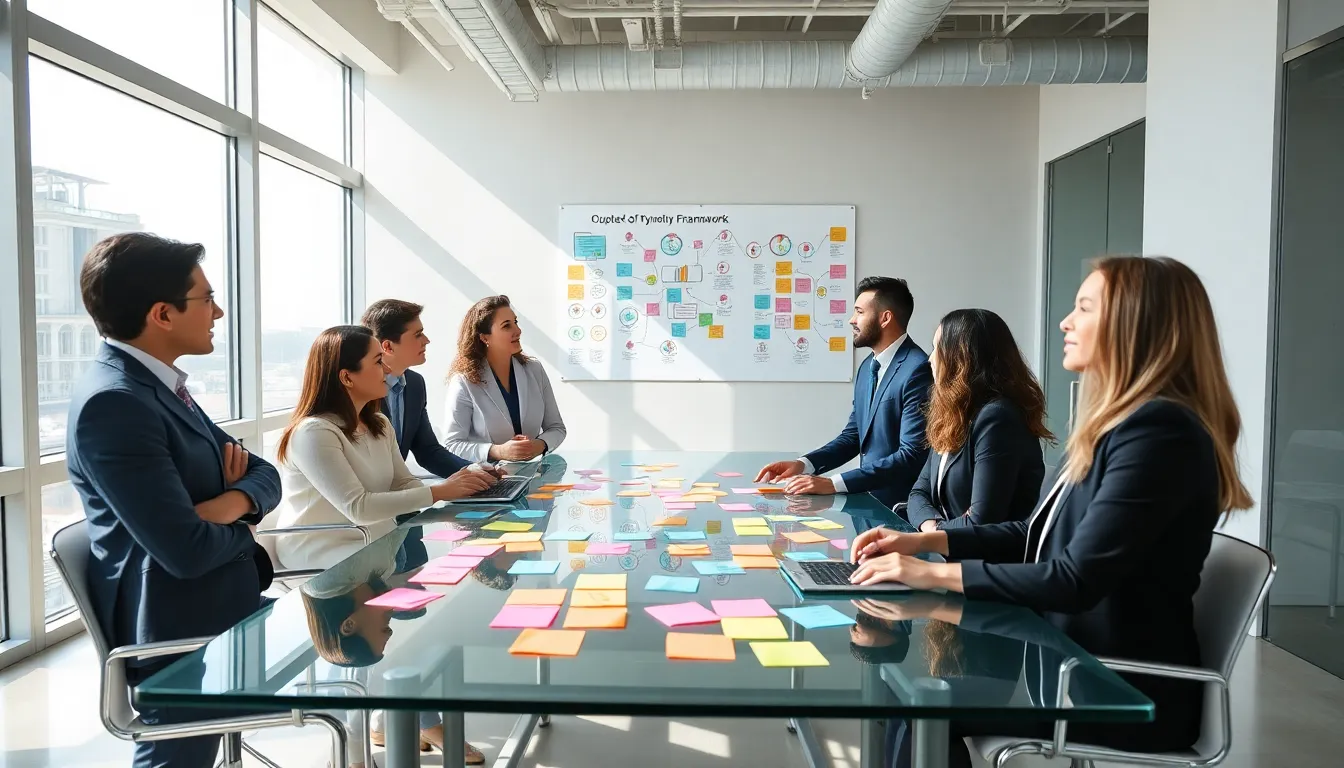 diverse team brainstorming in a modern office setting.