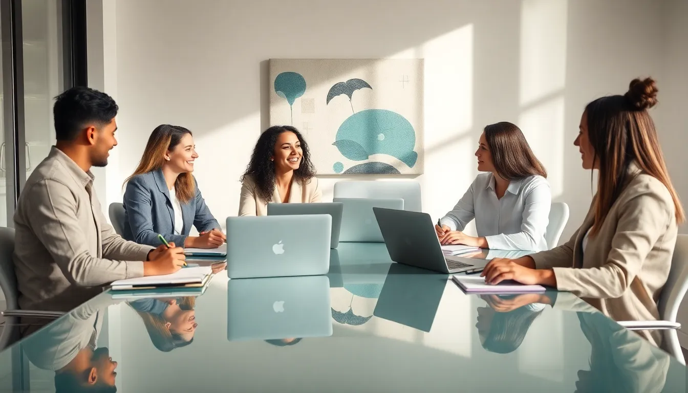 diverse team discussing opinion journals in a modern office.