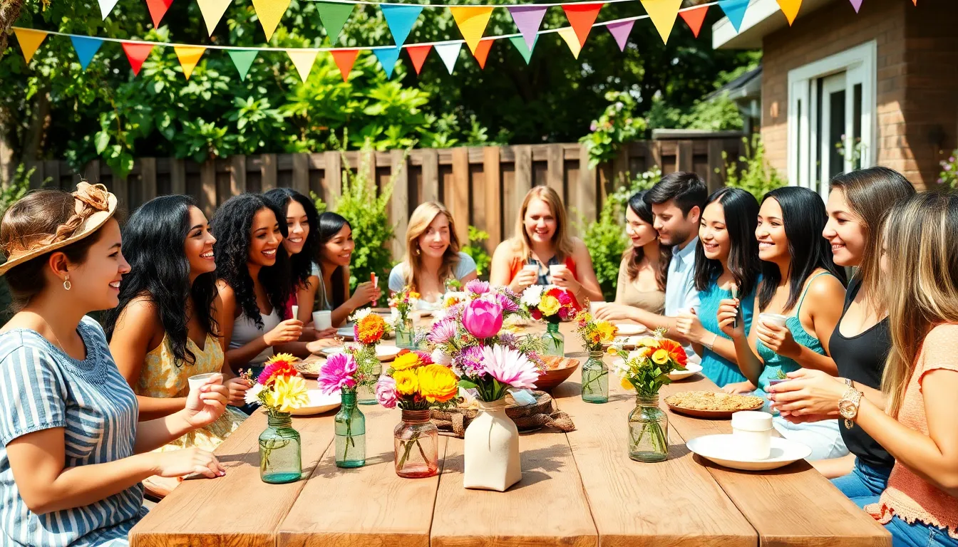 a joyful outdoor gathering of friends celebrating with creative decorations.