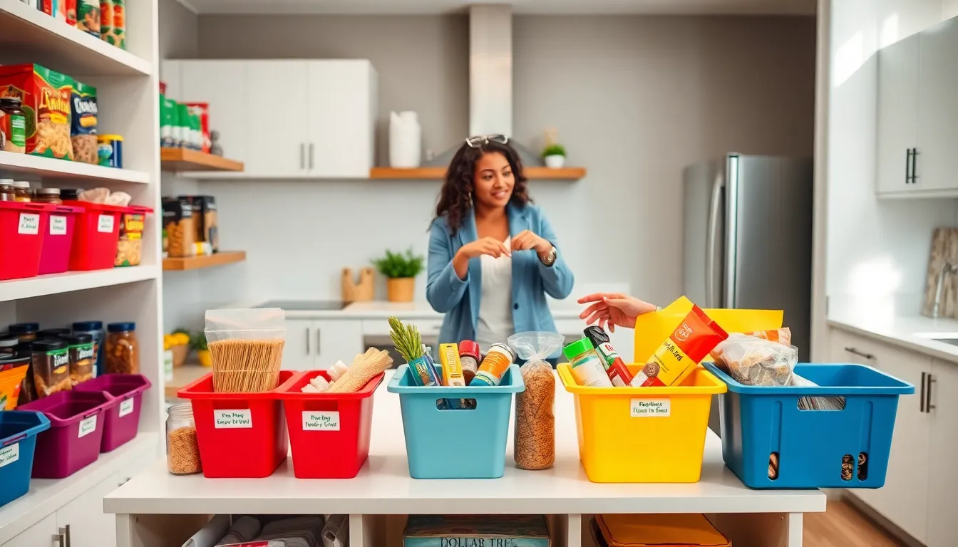 Professionals collaborating in an organized kitchen using Dollar Tree products.