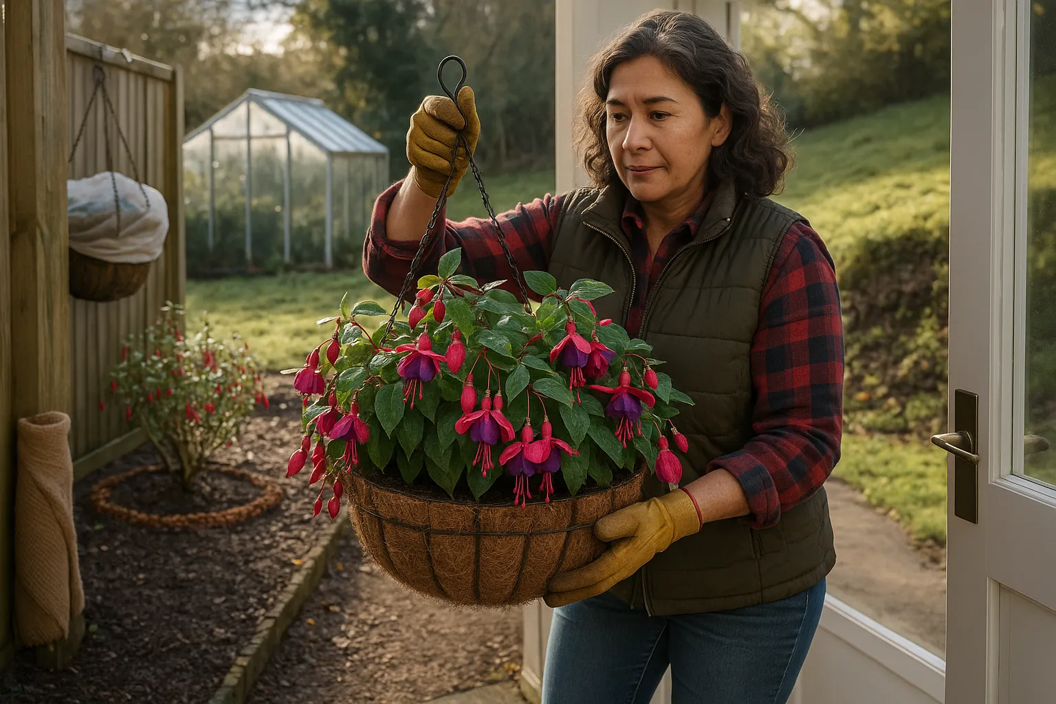 Gardener bringing a tender fuchsia indoors, hardy plant mulched outside.