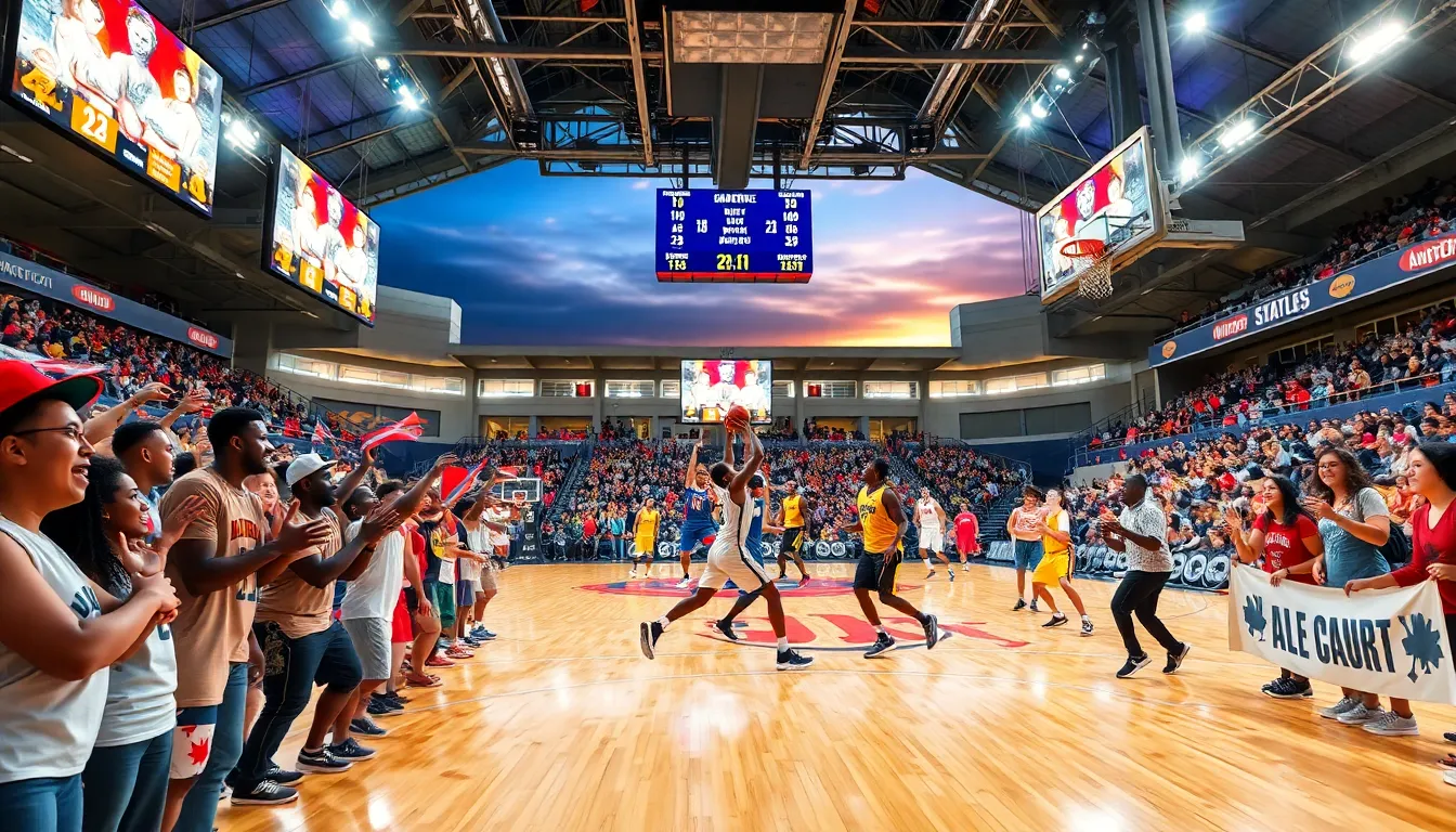 a basketball game in a vibrant stadium filled with cheering fans.