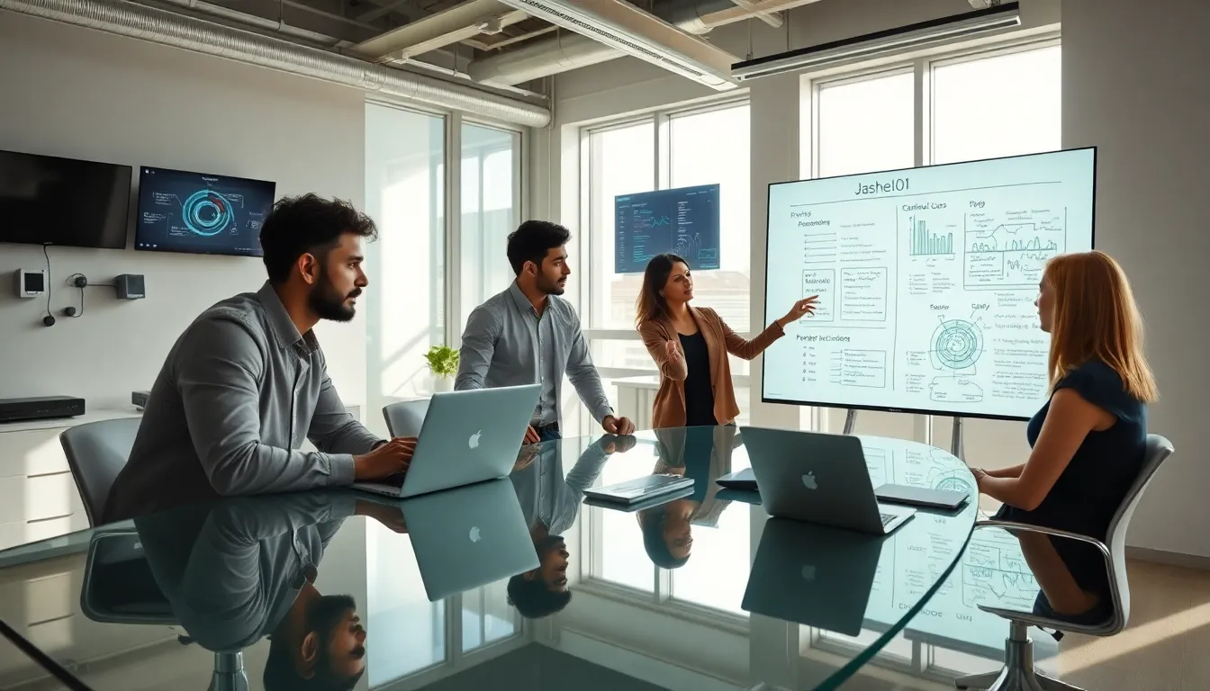 diverse team collaborating in a modern tech workspace.