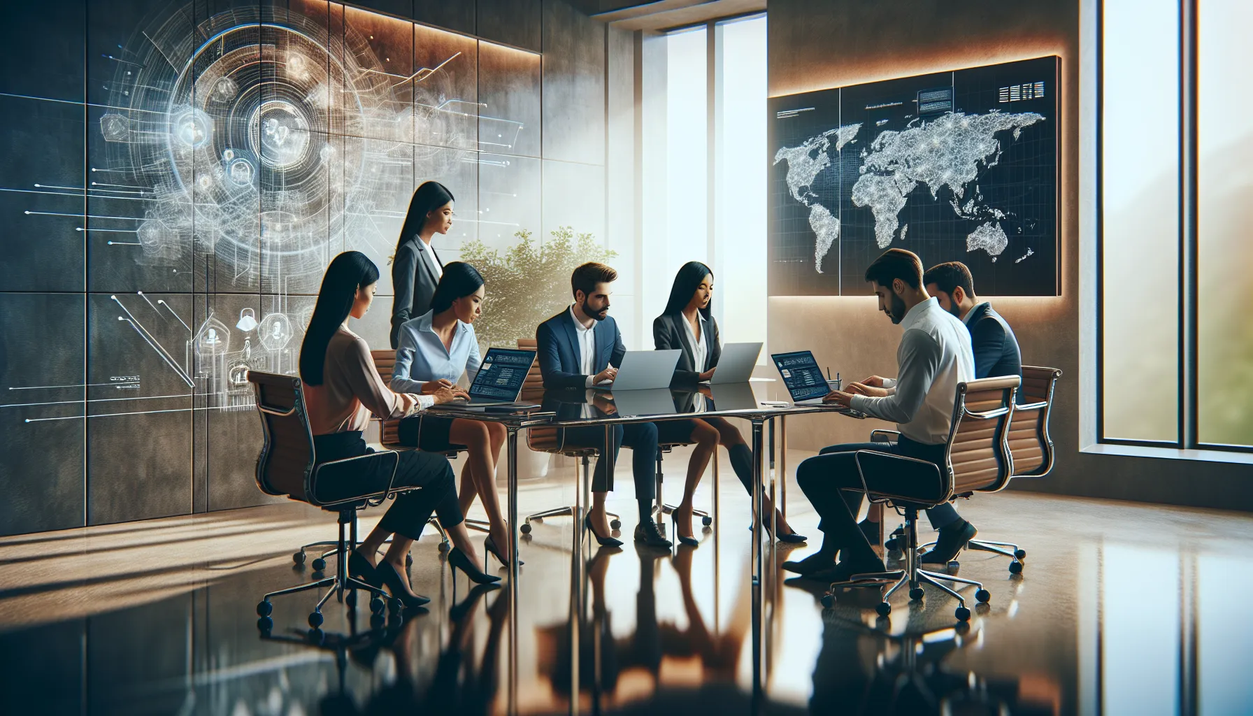 professionals discussing IP geolocation tools in a modern office.