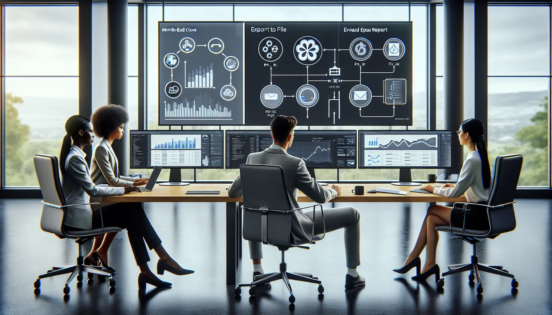 Team reviewing automated Power BI report exports using Power Automate in a modern office.