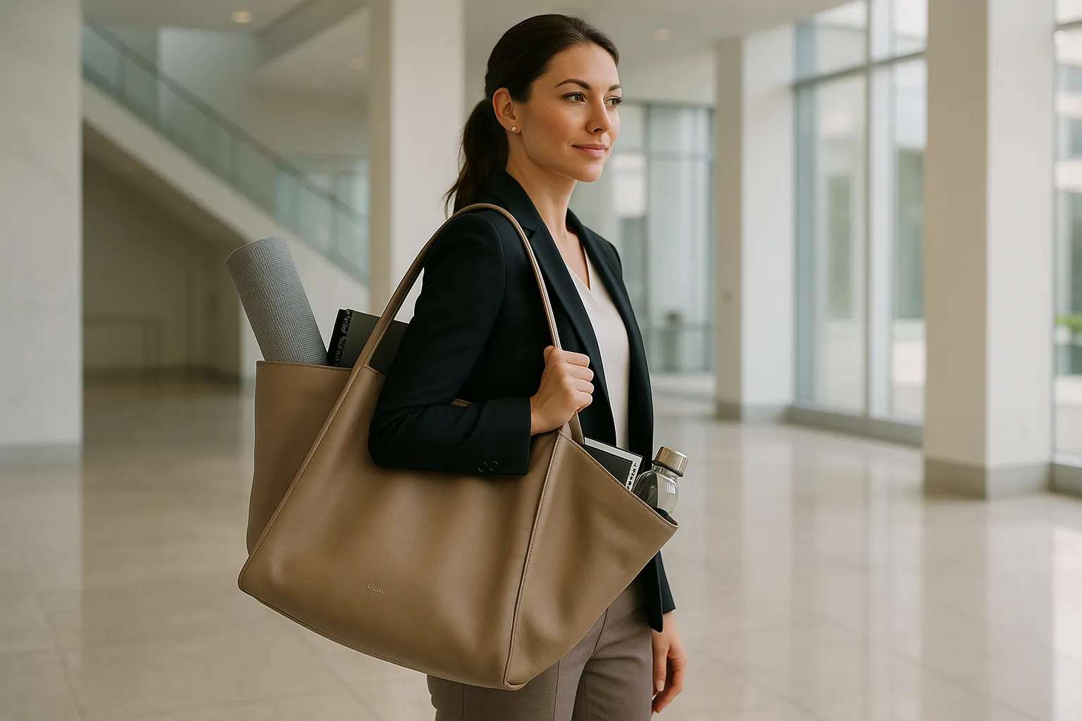 Professional woman with a luxury tote bag in a modern office lobby.