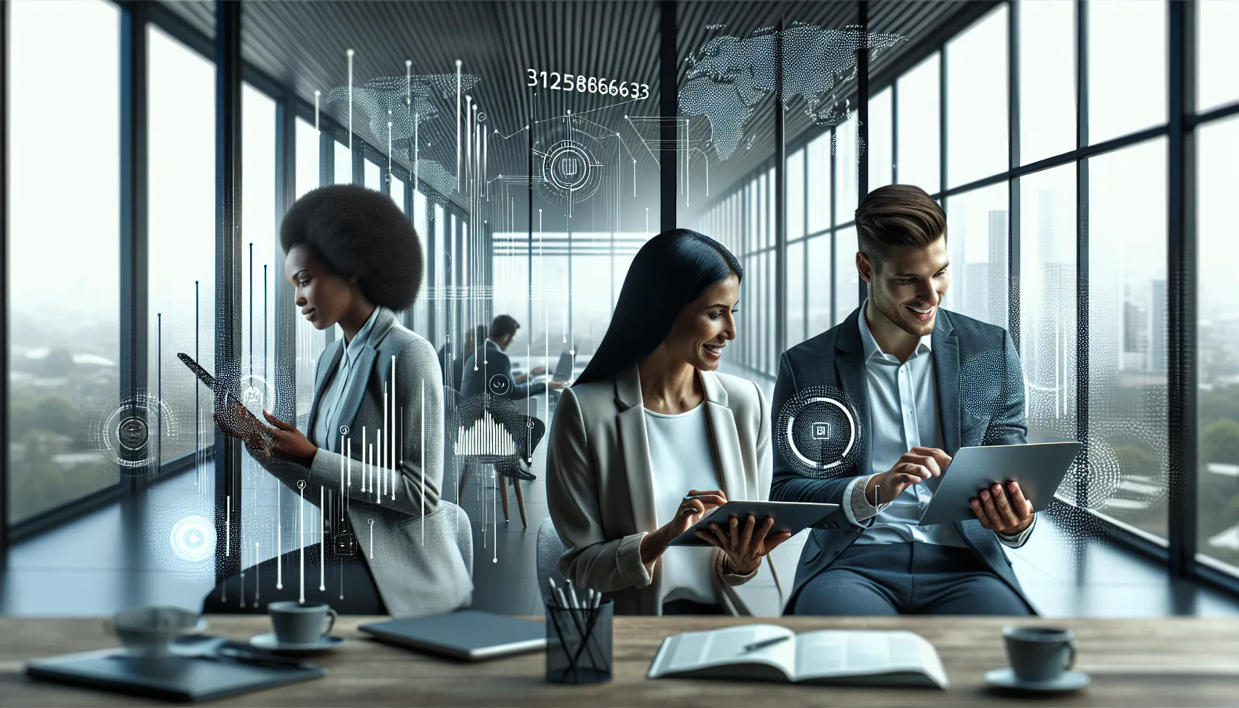 diverse professionals collaborating in a modern office on digital data.