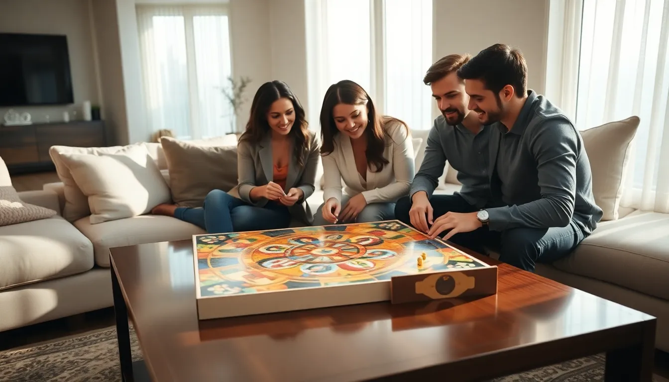 group of friends playing a puzzle board game in a modern living room.