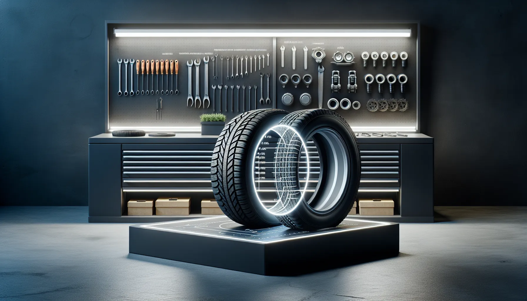 Two types of tires displayed in a bright garage setting.