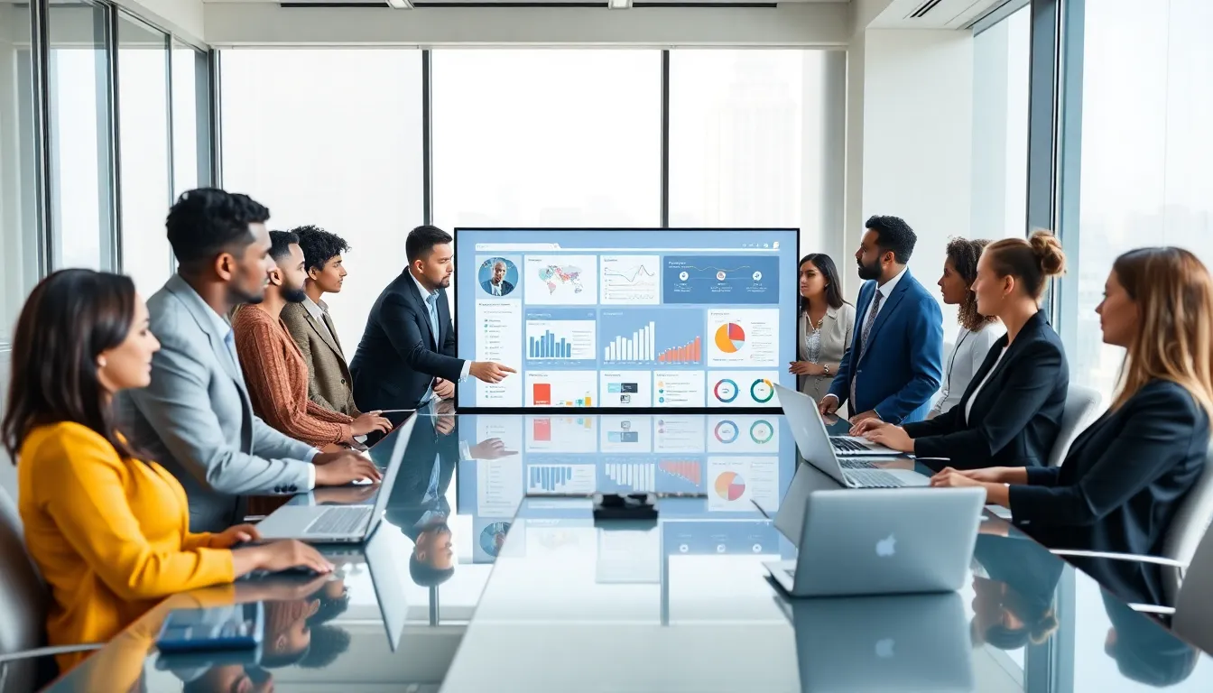 diverse team collaborating on social media marketing in a modern office.